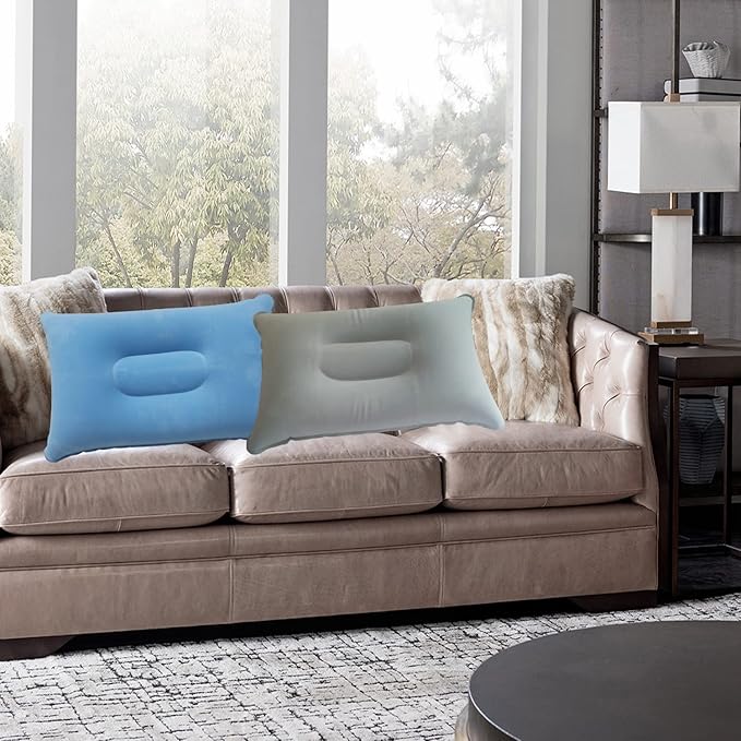 2 Pack Squared Flocked Fabric Air Pillow,Ultralight Inflatable Pillow for Hiking,Outdoor Sport,Camping,Traveling,Neck/Lumbar Support (Grey Light-Blue)