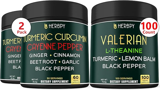 Bundle 7in1 Turmeric Curcumin & 5in1 Valerian Root Supplement - Support Digestion, Heart Health, Immune and Relaxation