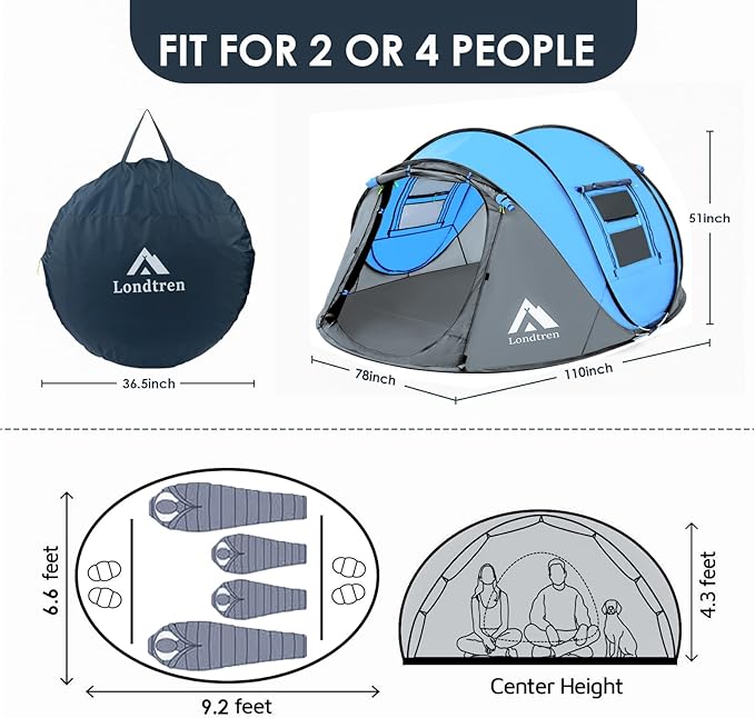 4 Person Easy Pop Up Tent Waterproof Automatic Setup 2 Doors-Instant Family Tents for Camping Hiking & Traveling