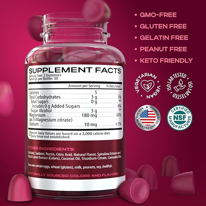 Adult Magnesium Gummy Supplements - 180 Mg for Nerve, Muscle, and Cardiovascular Health, Promotes Restful Sleep - 60 Count