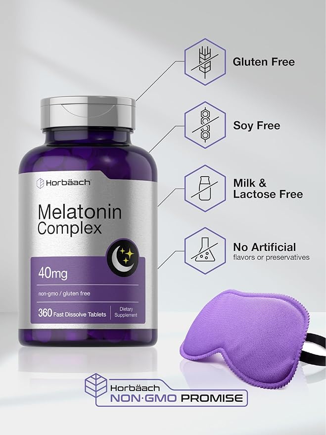 Horbäach Melatonin 40mg Complex | 360 Fast Dissolve Tablets | Adult Extra Strength Supplement | with Chamomile and Ashwagandha | Vegetarian, Non-GMO, Gluten Free