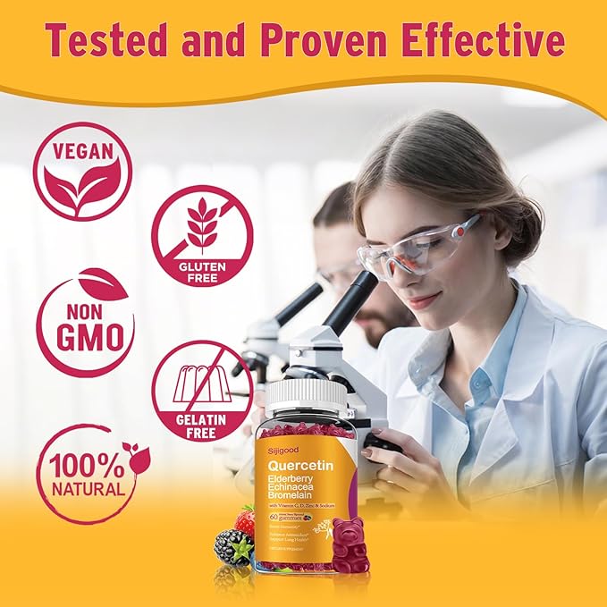 Quercetin Gummies with Bromelain, Elderberry, Echinacea, Vitamin C D Zinc - Immune System Support 60 Counts Pure Quercetin Gummies for Kids & Adults