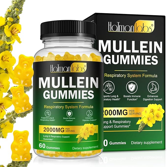 Mullein Gummies for Lungs, 2000 MG(50:1 Extract) Mullein Leaf Extract for Lung Cleanse and Respiratory Support, Natural Mullein Herbal Supplement, Pear Flavor Gummies 60 Count