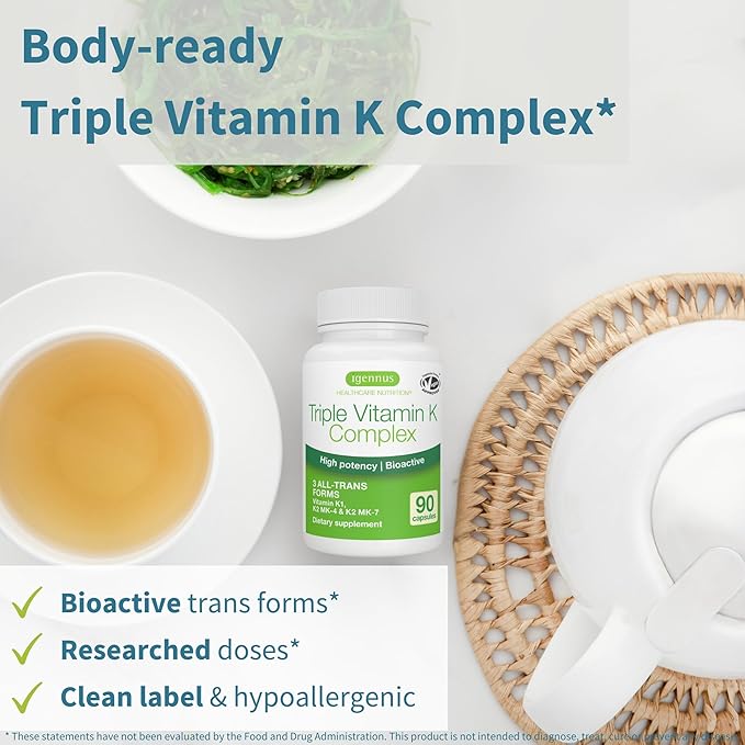 Igennus High Strength Triple Vitamin K Complex 2700 mcg, Vitamin K1 & K2 (MK-4 & MK-7), Advanced Bioactive Forms, Bone & Cardiovascular Support, Clean Label, Vegan, 90 Capsules