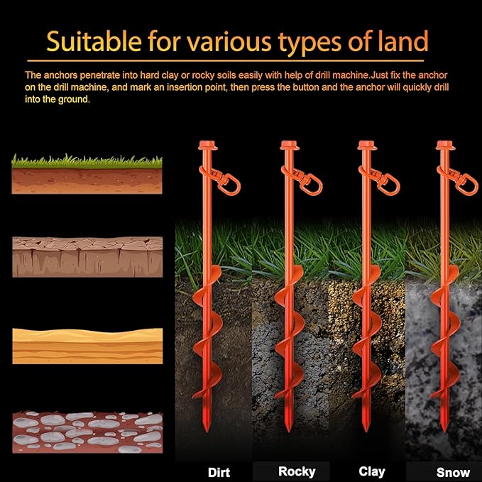 8 Pcs Ground Anchors Screw in, 12 Inch Heavy Duty Tent Stakes with Trampoline Anchor Hook Ground Stakes for Camping Tent Canopies Ports Sheds Swing Sets Securing Animals (Orange)