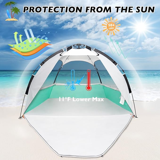 Beach Tent Pop Up Shade, Instant Beach Tents Sun Shelter with UPF 50+ UV Protection, Lightweight & Easy Setup Tent 2-6 Person