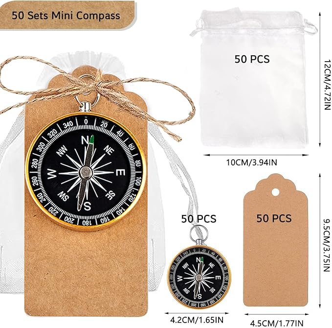 50 Sets Mini Compass Favors-Joyfulmap Compass Favors with Kraft Tags and Drawstring，Mini Compass Decorations for Weddings-Travel-Nautical-Birthday Themed Party Decorations(Golden)