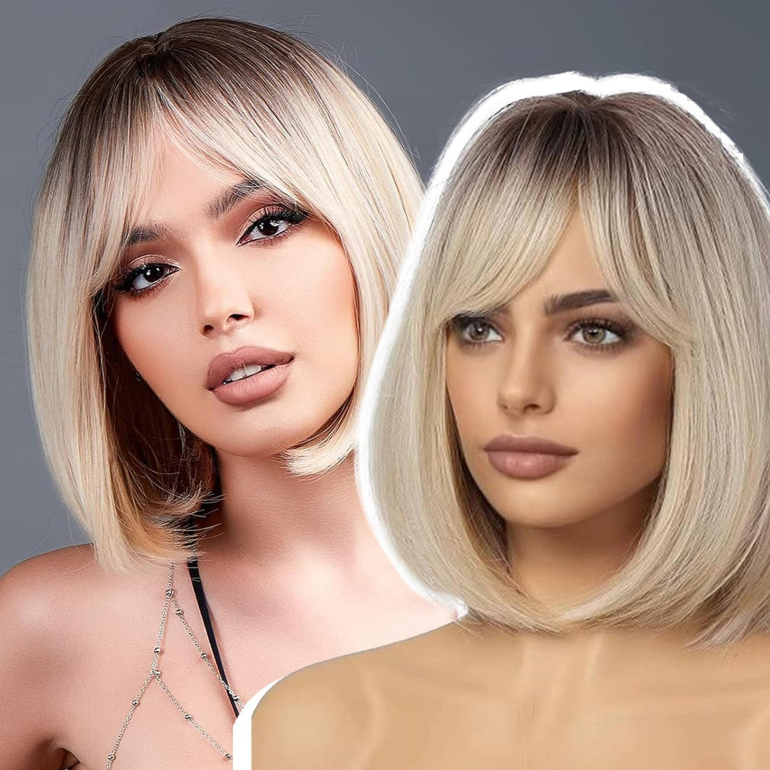 Emmor Omber Blonde Bob Wig With Bangs 13'' Short Bob Wigs For Women Short Blonde Wig With Dark Roots Heat Resistant Synthetic Wi