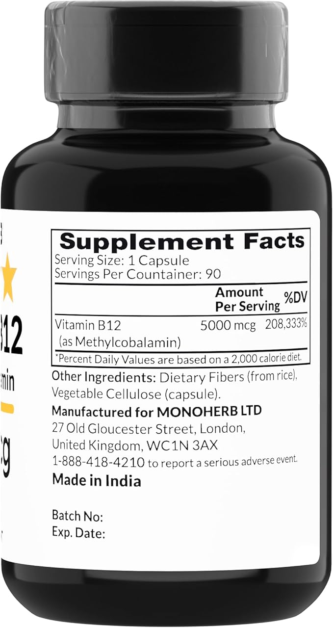 Vitamin B12 Methylcobalamin 5000 mcg - 90 Vegetarian Capsules - B12 Methyl