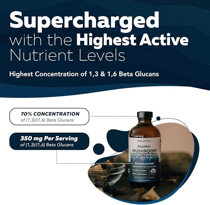 MycoMax Mushroom Complex - 70% Beta Glucans, Max Potency Mushroom Supplement, US Grown + Ultrasonic Extraction - Lions Mane, Cordyceps, Reishi & More - Promotes Cognition, Immunity, Energy - 8 oz.