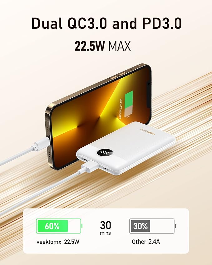 VEEKTOMX Mini Power Bank 10000mAh, 22.5W Fast Charging Small Portable Charger with PD 3.0 & QC 3.0,USB C Slim Compact iPhone Charger, Dual Output Compatible with iPhone, Samsung,Travel Must Haves