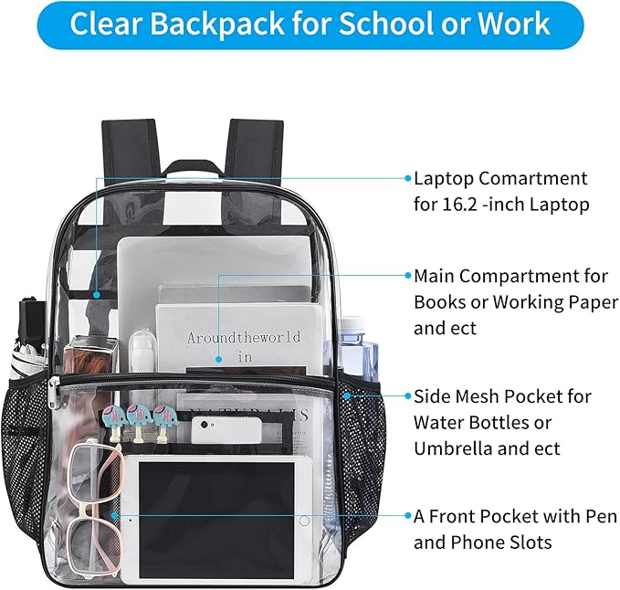 USPECLARE Clear Backpack for Stadium Approved 12×6×12, Water proof Clear Bag for Stadium Events and Concert Work Sport Event