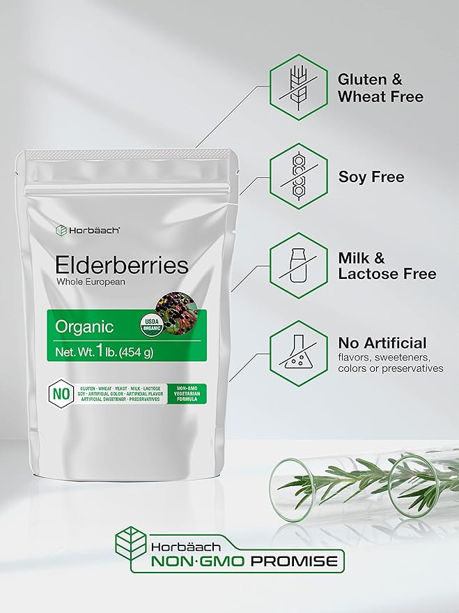 Horbäach Elderberries Dried Organic | 1 lb Bulk Bag | Whole European | Non-GMO, Gluten Free | Sambucus Nigra