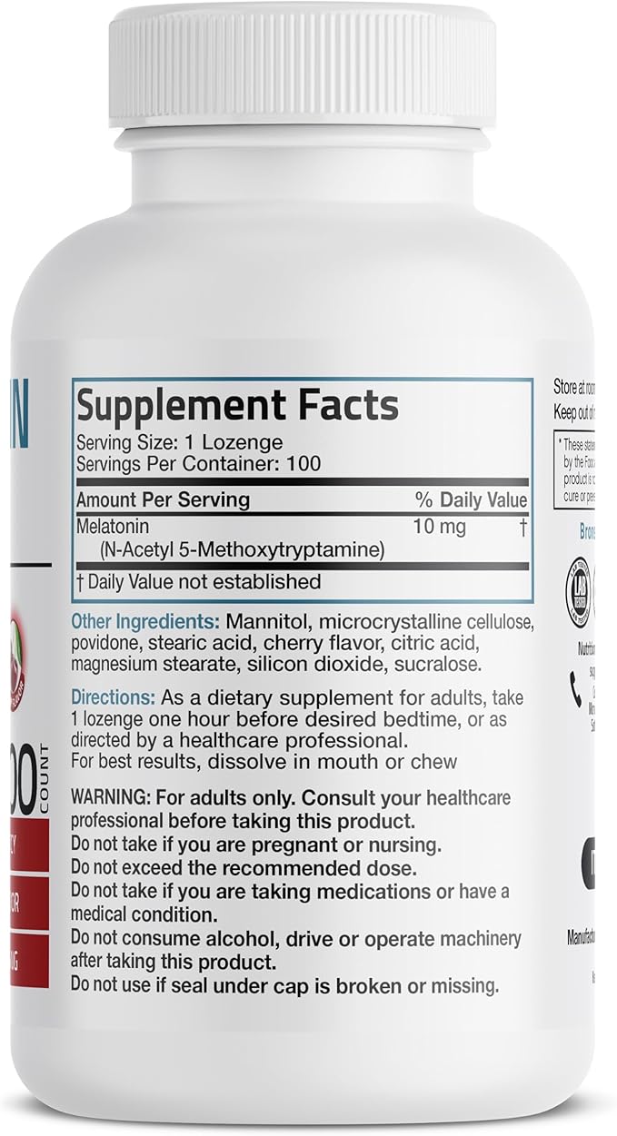 Bronson Melatonin 10mg Fast Dissolve Cherry Flavored Tablets Vegetarian Chewable Lozenges, 100 Count