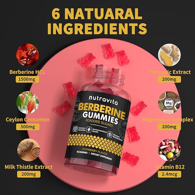 Berberine Gummies with Ceylon Cinnamon 1500mg High Potency Berberine HCL Supplement for Immune and Metabolism Support, Sugar Free Organic Berberine Gummies Raspberry Flavor