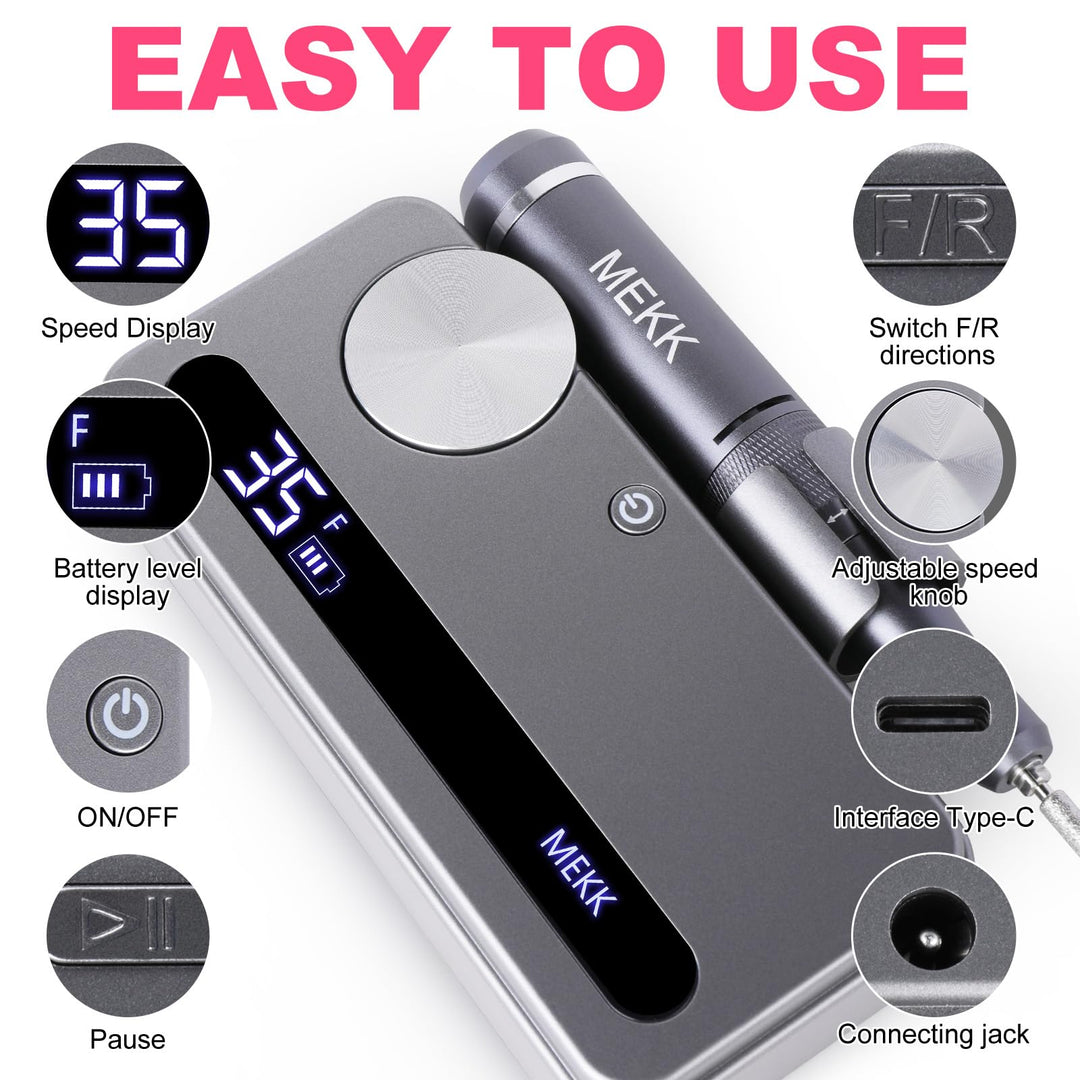 MEKK Electric Nail Drill Professional,35000RPM Cordless Electric Nail File with 12PCS Bits,Anti-Shaking Rechargeable E File Kit for Acrylic Nails,Home & Salon(Sliver)