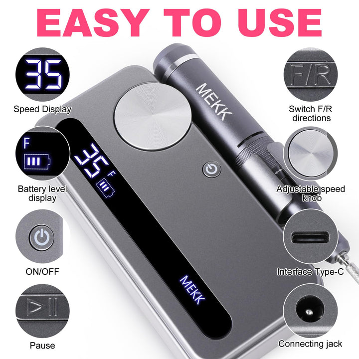 MEKK Electric Nail Drill Professional,35000RPM Cordless Electric Nail File with 12PCS Bits,Anti-Shaking Rechargeable E File Kit for Acrylic Nails,Home & Salon(Sliver)