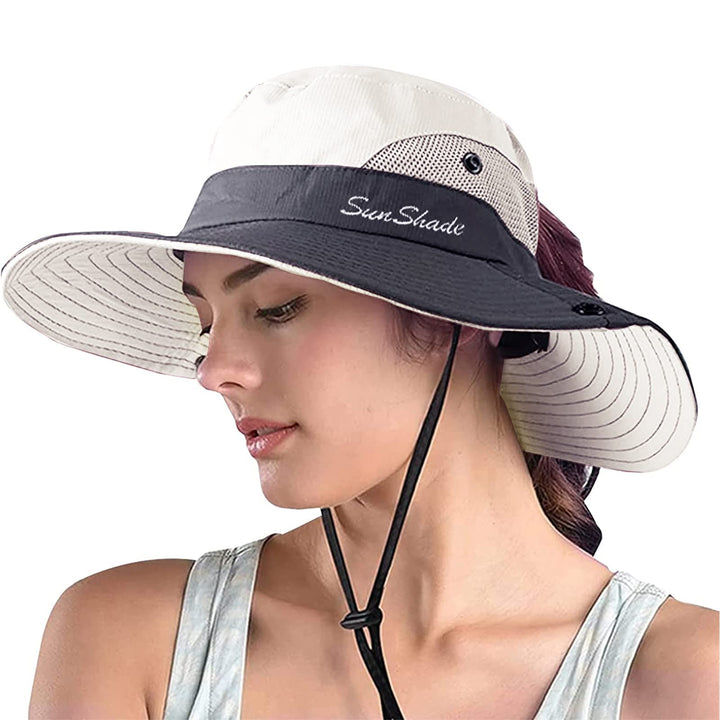 ZOORON 1 Pack Women's Ponytail Safari Sun Hat,Wide Brim UV Protection Outdoor Bucket Hat,Foldable Beach Summer Fishing Hat(beige)