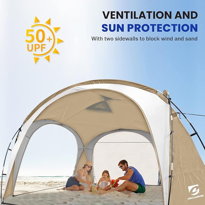 Beach Tent 12 X 12ft Large UPF50+ Pop Up Canopy with 2-Pcs Side Wall, Sun Shelter Rainproof, Waterproof for Camping Trips, Backyard Fun, Fishing, Parties, Or Picnics(Khaki-Upgrade)