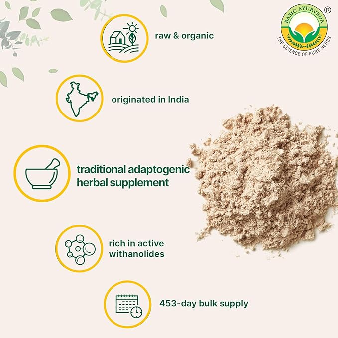 BASIC AYURVEDA Ashwagandha Powder | Pure Withania Somnifera Root | Natural Adaptogen for Daily Routine | Use in Juices, Shakes, Herbal Recipes | 7.05 Oz (200g)