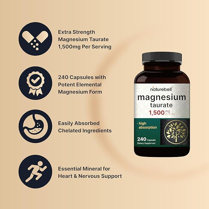 Magnesium Taurate 1,500mg Per Serving, 240 Capsules | Chelated for High Absorption – Heart & Nervous Mineral Supplement – Non-GMO, Gluten Free