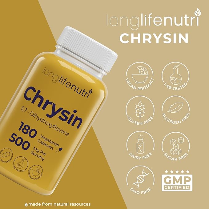 Chrysin 500mg – 180 Vegetarian Capsules, from Passion Flower, 5, 7-Dihydroxyflavone, Natural Antioxidant for Overall Wellness, 6-Month Supply, GMP Certified, Made in USA