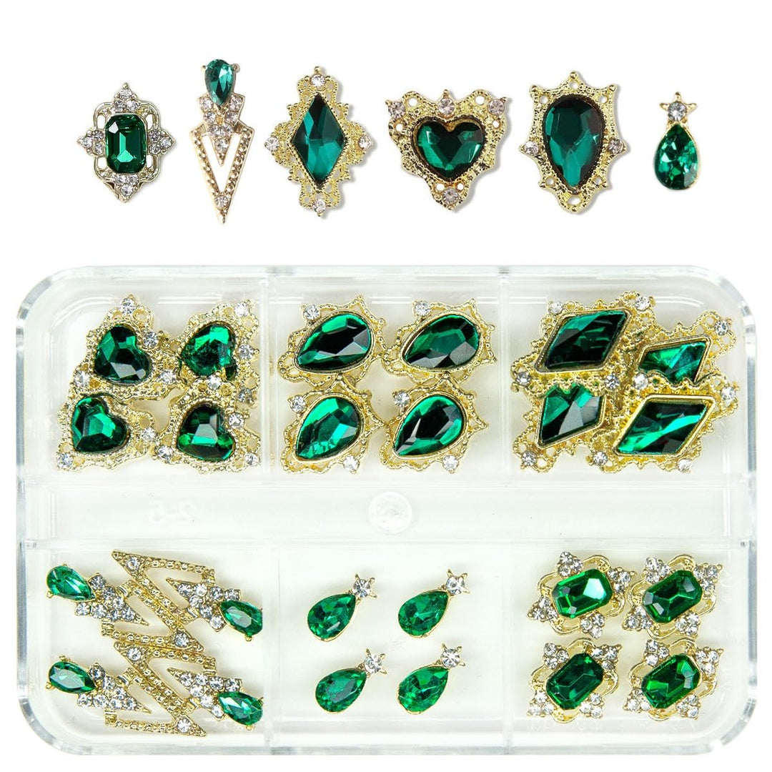 Emerald Green Nail Rhinestones - 24pc Luxury Nail Art Charms with Green Heart & Big Gems