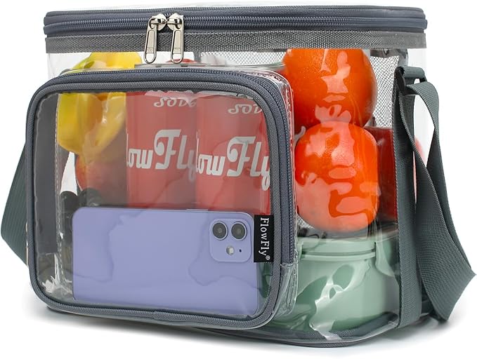 FlowFly Insulated Reusable Lunch Bag Adult Large Lunch Box for Women and Men with Adjustable Shoulder Strap,Front Zipper Pocket and Dual Large Mesh Side Pockets,Clear#Grey
