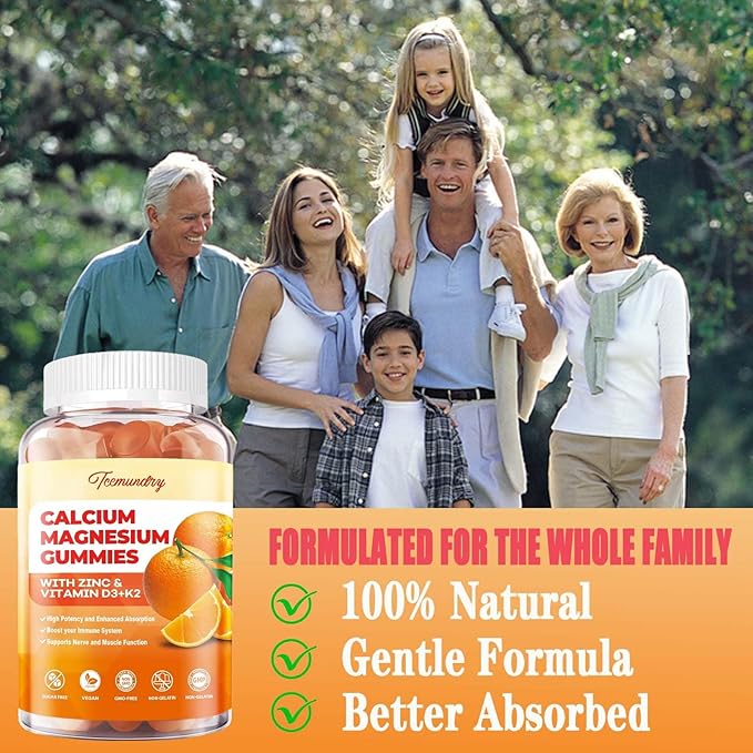 Calcium Magnesium Zinc Gummies with Vitamin D3 & K2 - High Absorption Magnesium Glycinate 400mg - Sugar Free Calcium Supplement - Support Nerve Muscle Mood & Immunity - for Adults Men Women Kids