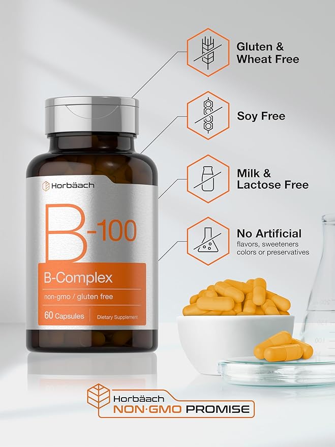 Horbäach Vitamin B-100 Complex | 60 Quick Release Capsules | Non-GMO and Gluten Free Supplement