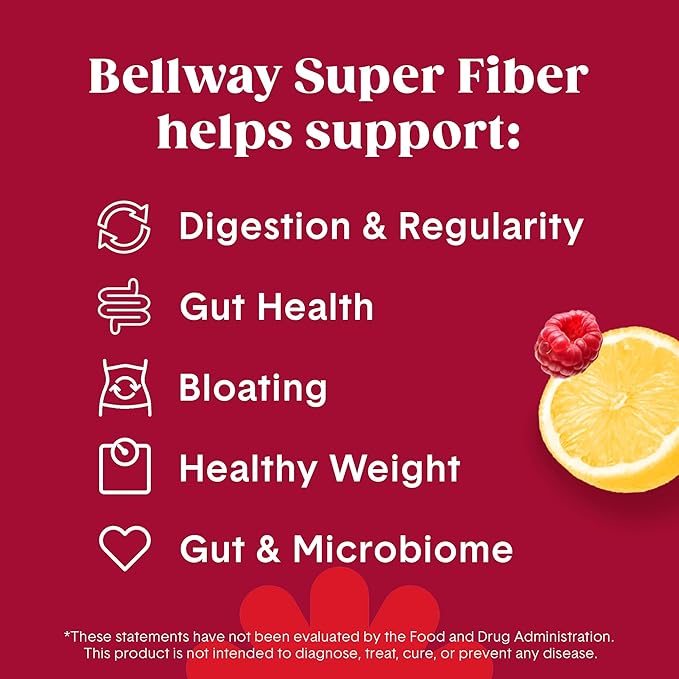 Bellway Super Fiber Packets + Fruit, Sugar Free Organic Psyllium Husk Powder Fiber Supplement to Go for Regularity, Bloating Relief & Gut Health, Non-GMO, Plant-Based, Raspberry Lemon (16 Packets)