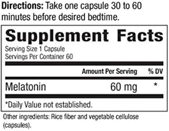 60mg Extra Strength Melatonin MAX - High Dosage Melatonin Ensures An Amply Supply of This Important Hormone - 100% Drug-Free, Vegan, Non-GMO, Gluten-Free (120 Capsules 2-Pack)