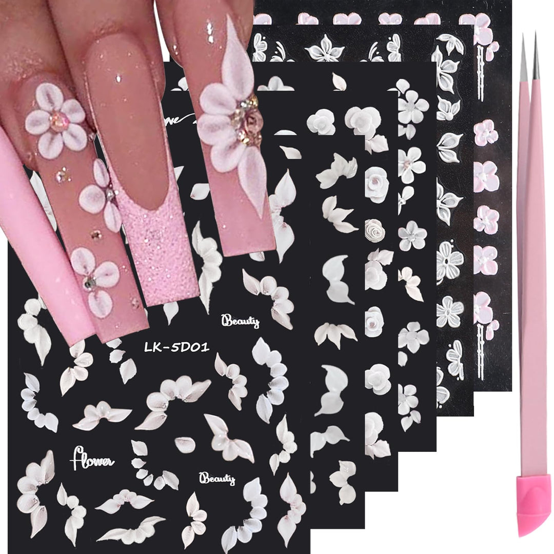 VOTACOS 6 Sheets Flower Nail Stickers for Nail Art 5D Embossed Engraved Nail Decals 3D Spring Summer Nail Supplies Accessories Self-Adhesive Nail DIY Design Decoration for Women and Girls