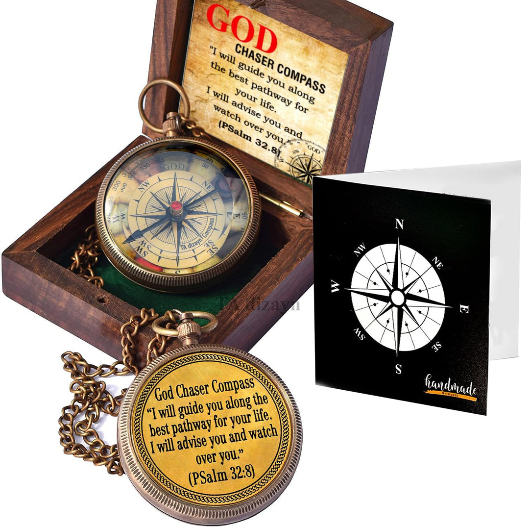 Christian Gift Brass Compass (Psalm 32:8)with Display Box-Engraved Scripture Prayer Compass Religious Gift for Men & Women-Baptism, Confirmation, Communion gift for Boys Graduation Gift, Greeting card