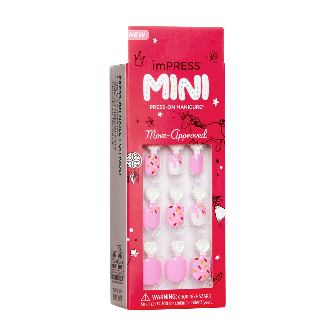KISS imPRESS No Glue Mani Press On Nails, Mini Press-On Manicure for Kids, 'Super Duper', Pink, Kids Size, Squoval Shape, Includes 20 Fake Nails with Removable Application Tabs, 1 Mini File