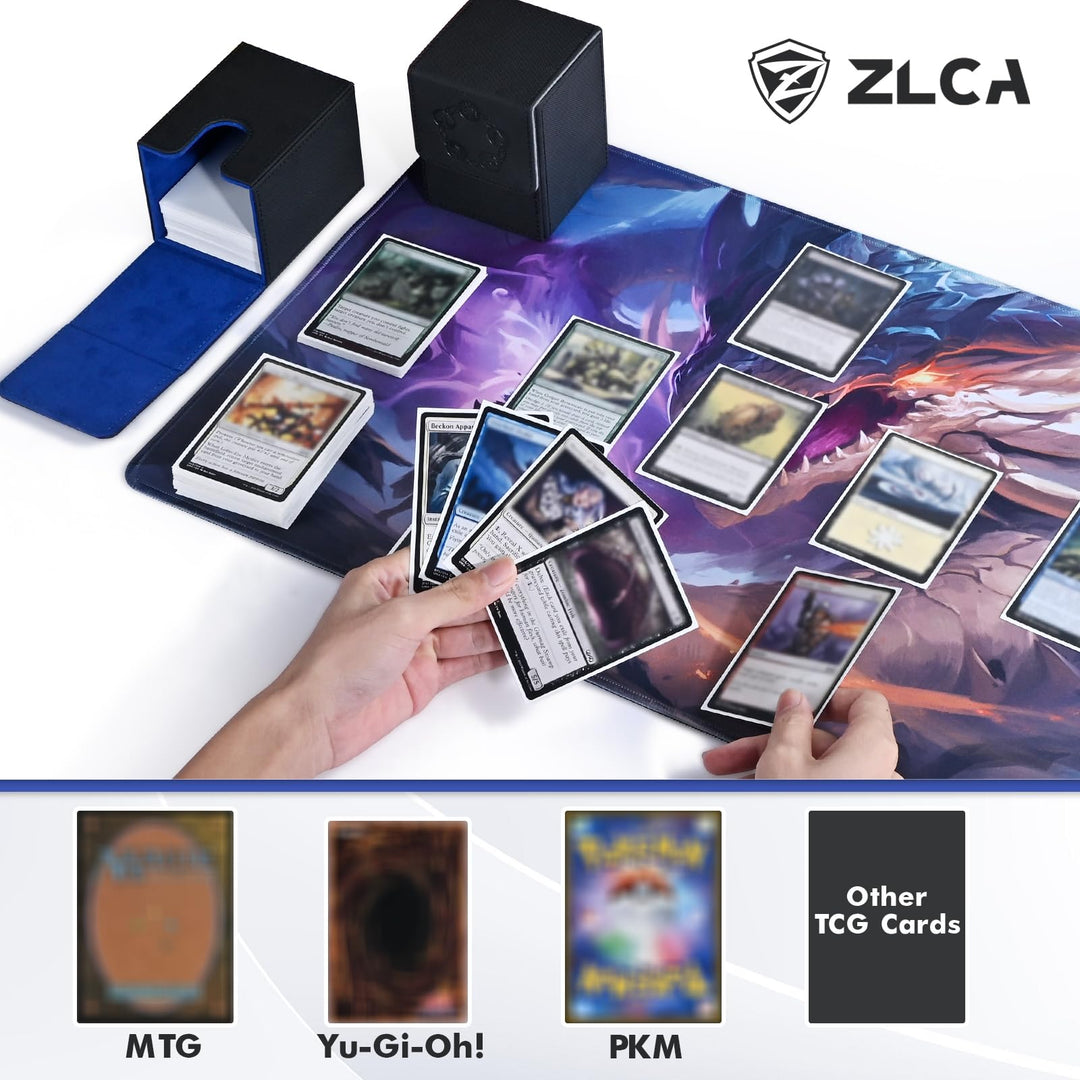 ZLCA Card Deck Box for MTG, Card Storage Box Fits 100+ Single Sleeved Cards, PU Leather Strong Magnet Card Deck Case for Magic Commander TCG Cards (Black& Blue)