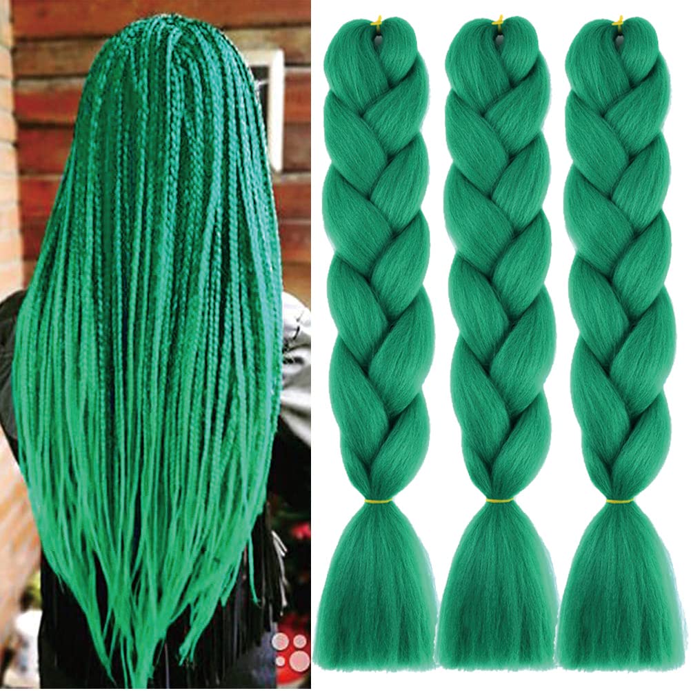 Xiaofeng Braiding Hair Extensions for Women 3 Packs 100g/Pack 24Inch High Temperature Ombre Jumbo Synthetic Braiding Hair for Twist Crochet Braids (24 Inch (Pack of 3), green)