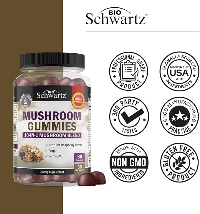 Mushroom Gummies for Adults - 10-in-1 Functional Mushroom Supplement for Mood and Focus with Lions Mane Turkey Tail Cordyceps Shiitake Reishi - Vegan, Non-GMO, Fresh Raspberry Flavor, 60 Count