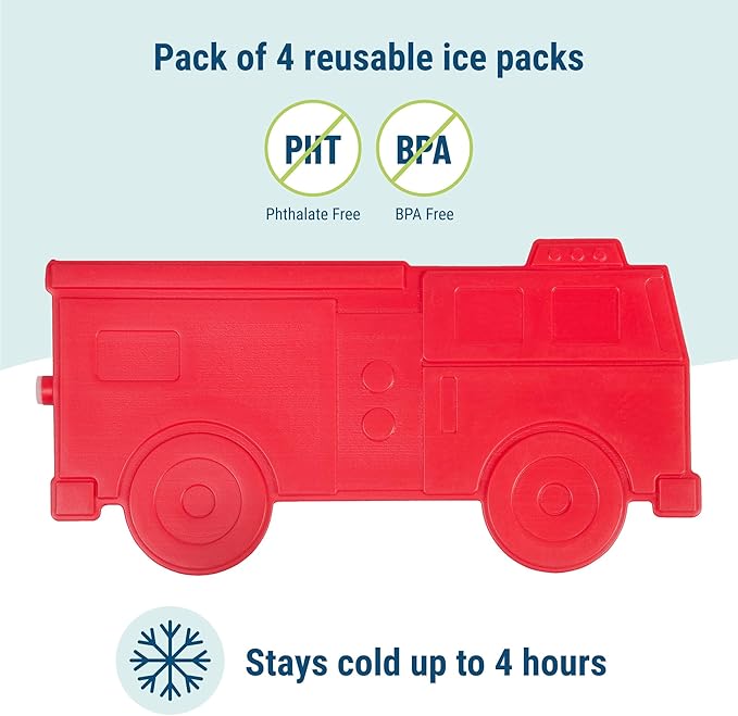 Wildkin Kids Ice Packs (4 Packs) for Boys & Girls, Perfect for Daycare & Preschool Slim & Reusable Ice Packs, Keep Lunches Fresh & Cool for School & Travel, Portable Ice Packs for Kids (Fire Truck)