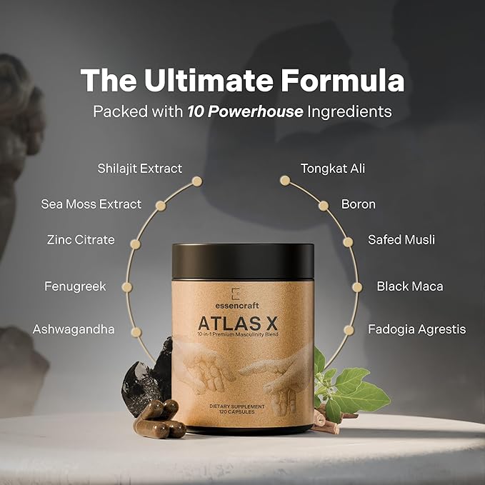 ATLAS X 10-in-1 Masculinity Maximiser Supplement for Men - Energy, Strength & Vitality Capsules with Shilajit, Ashwagandha, Zinc, Safed Musli, Tongkat Ali, Black Maca, Fadogia Agrestis, 2 Month Supply