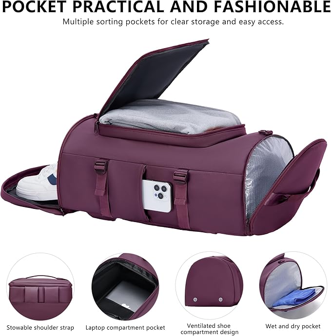 Gym Bag with Shoes Compartment - Duffle Bag for Men and Women, Travel Backpack Weekender Overnight Bag, Sports Bag with Wet Pocket Purple - MIYCOO