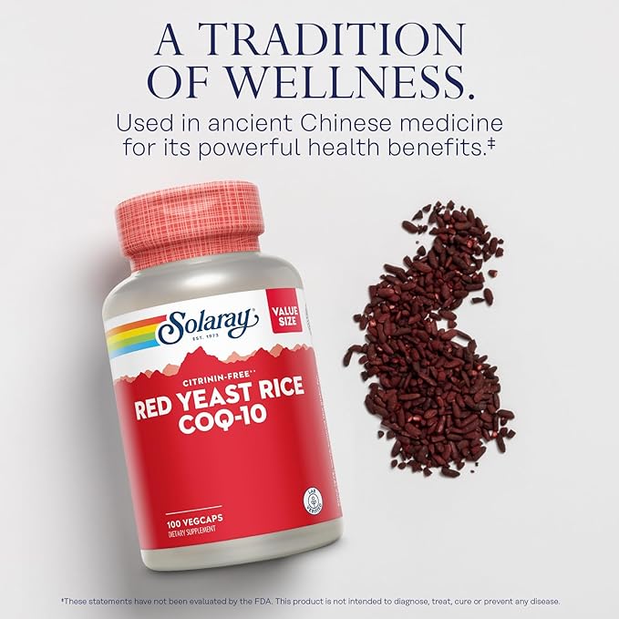 SOLARAY Red Yeast Rice with CoQ10 and Niacin (Vitamin B3) Non-Irradiated Red Yeast Rice Plus CoEnzyme Q10 - Citrinin Free - 60-Day Guarantee, Lab Verified, 100 Servings, 100 VegCaps