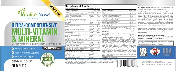 Vegan Whole Food Multivitamin & Mineral - Vitamins A B1 B2 B6 B12 C D3 E & 110 Super Foods, Herbs, Greens & Reds - Enzymes & Probiotics for Immune Support - Energy Boost - 90 Tablets