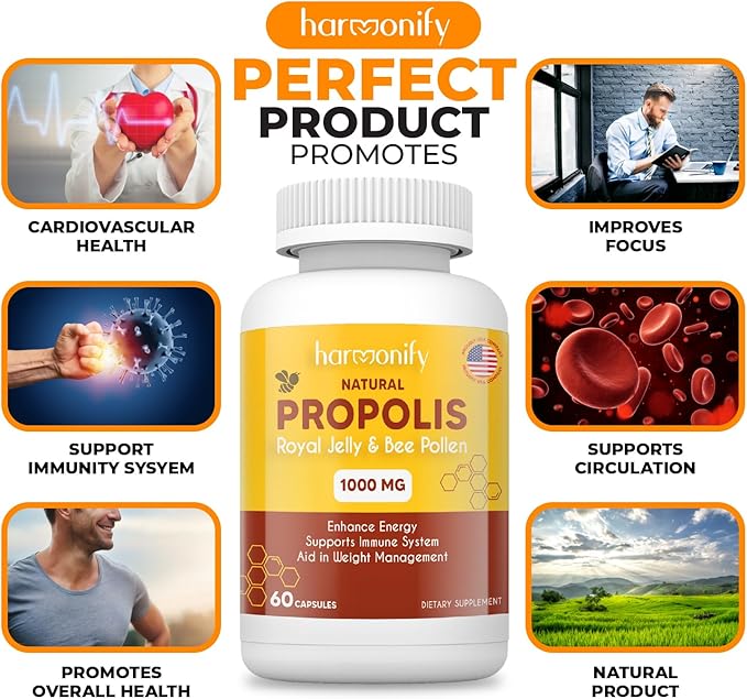 Bee Pollen Propolis Royal Jelly Extract with Carob, Pure Immune Support Supplement, Gluten-Free, Vegetarian Capsules, 1000 mg