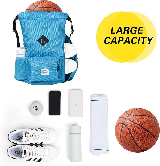 ALUSBELL Large Drawstring Backpack Bag, Sports Gym Bag String Sackpack with Shoes Compartment, Waterproof String Bag Cinch for Women Men(Lake Blue)