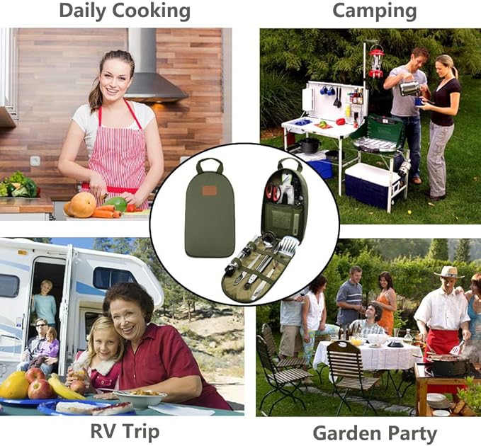 Camp Kitchen Utensil Organizer Travel Set Portable BBQ Camping Cookware Stainless Steel Utensils Travel Kit Outdoor Equipment Cutting Board Tongs Scissors Knife Ladle Spatula