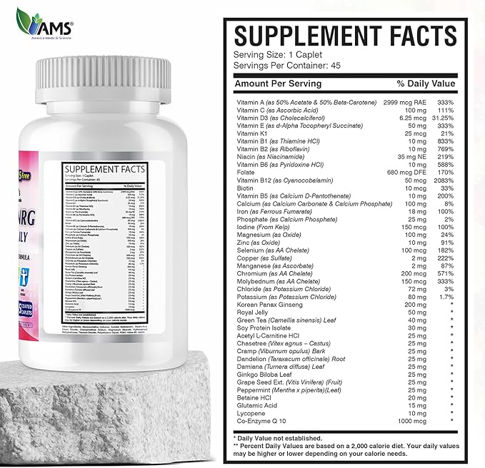 America Medic & Science Multivitamins for Women, Multi-NRG, 45 Coated Caplets, One Daily, Immune Support Supplements, Vitamin C & B Complex, Vital Micro-Nutrients & Natural Herbal Ingredients.