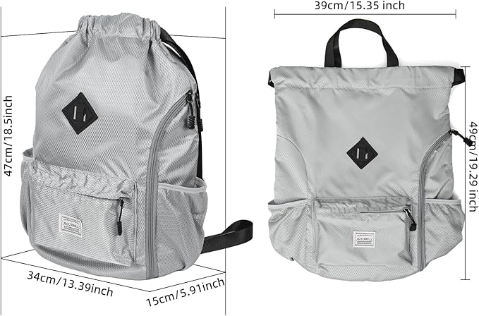 ALUSBELL Large Drawstring Backpack Bag, Sports Gym Bag String Sackpack with Shoes Compartment, Waterproof String Bag Cinch for Women Men(Gray)