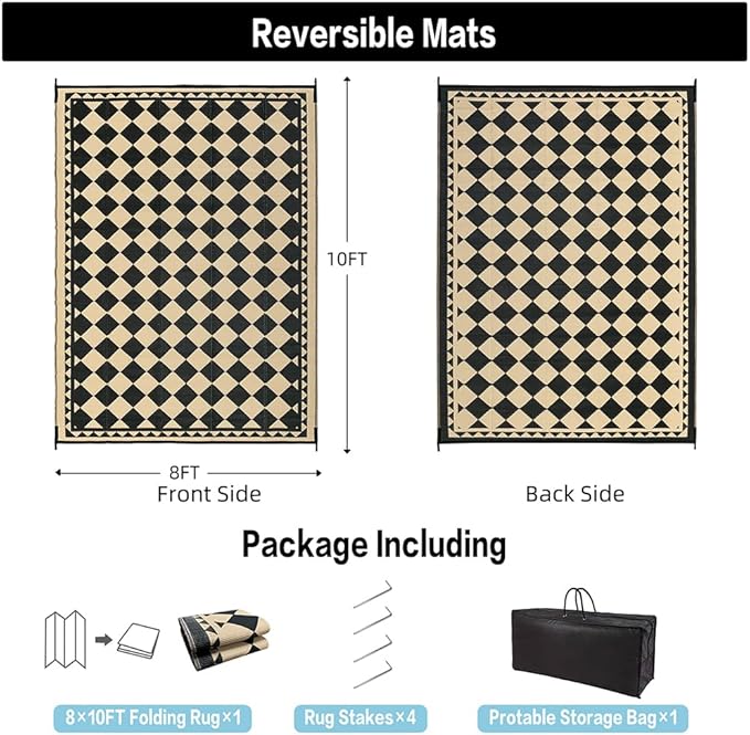 Outdoor Rug for Patios Clearance,Waterproof Mat,Large Outside Carpet,Reversible Plastic Straw Camping Rugs,Rv,Porch,Deck,Camper,Balcony,Backyard (8x10,Checkered/Black&Beige)