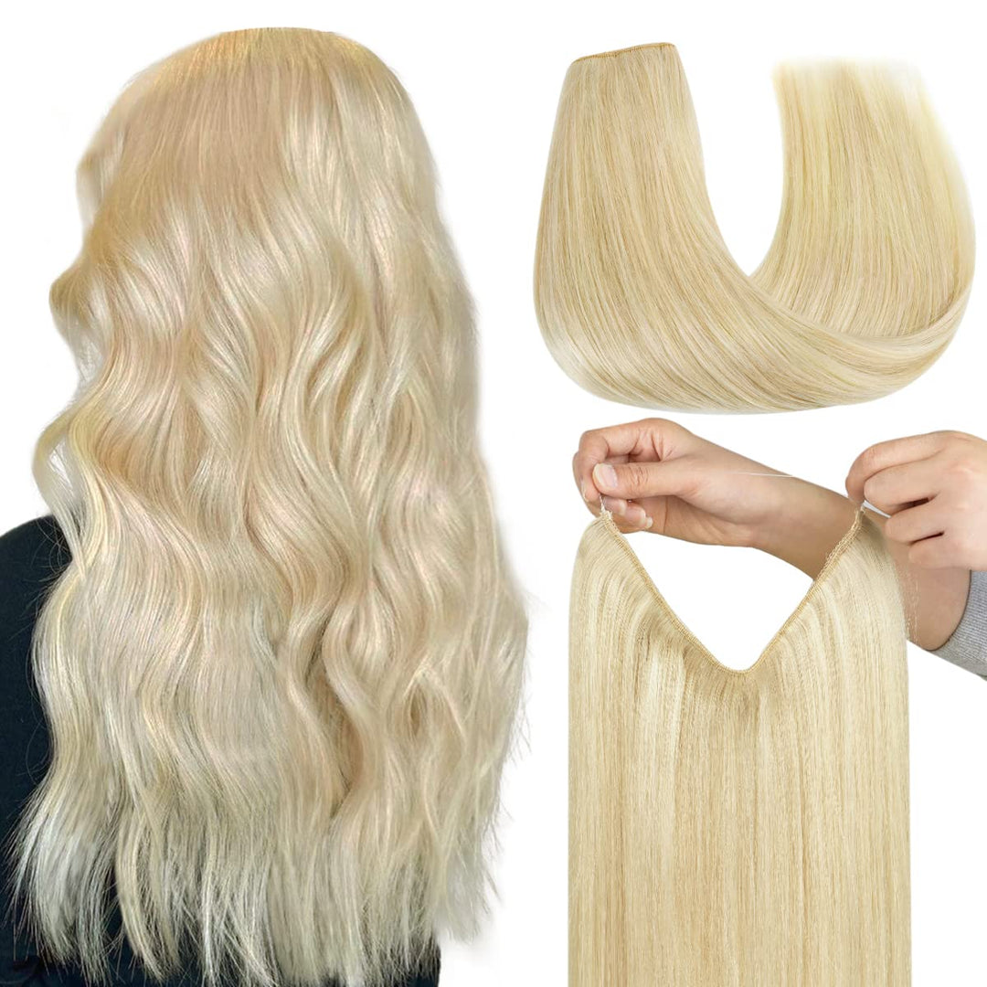 Hotbanana Wire Hair Extensions, 20 Inch 110G Bleach Blonde Fish Line Real Human Straight Invisible Remy Hair Extensions